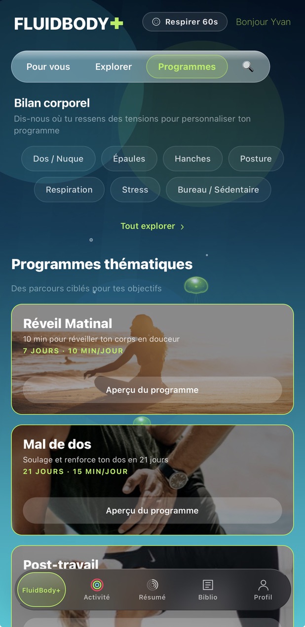 “Programs” screen of the FluidBody+ app