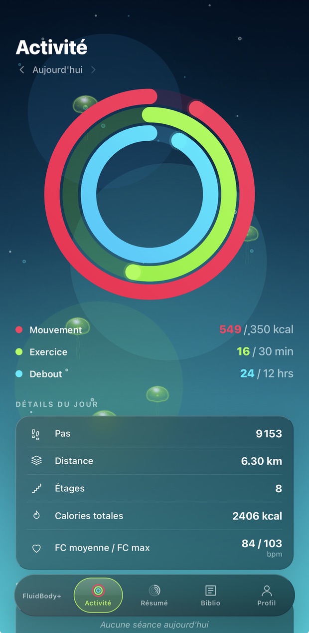 “Activity” screen of the FluidBody+ app